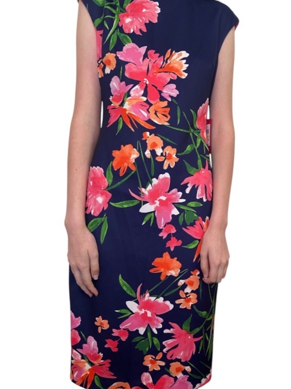 Vince Camuto Navy Floral Sheath Dress with Pink & Orange Blooms size 4 nwt